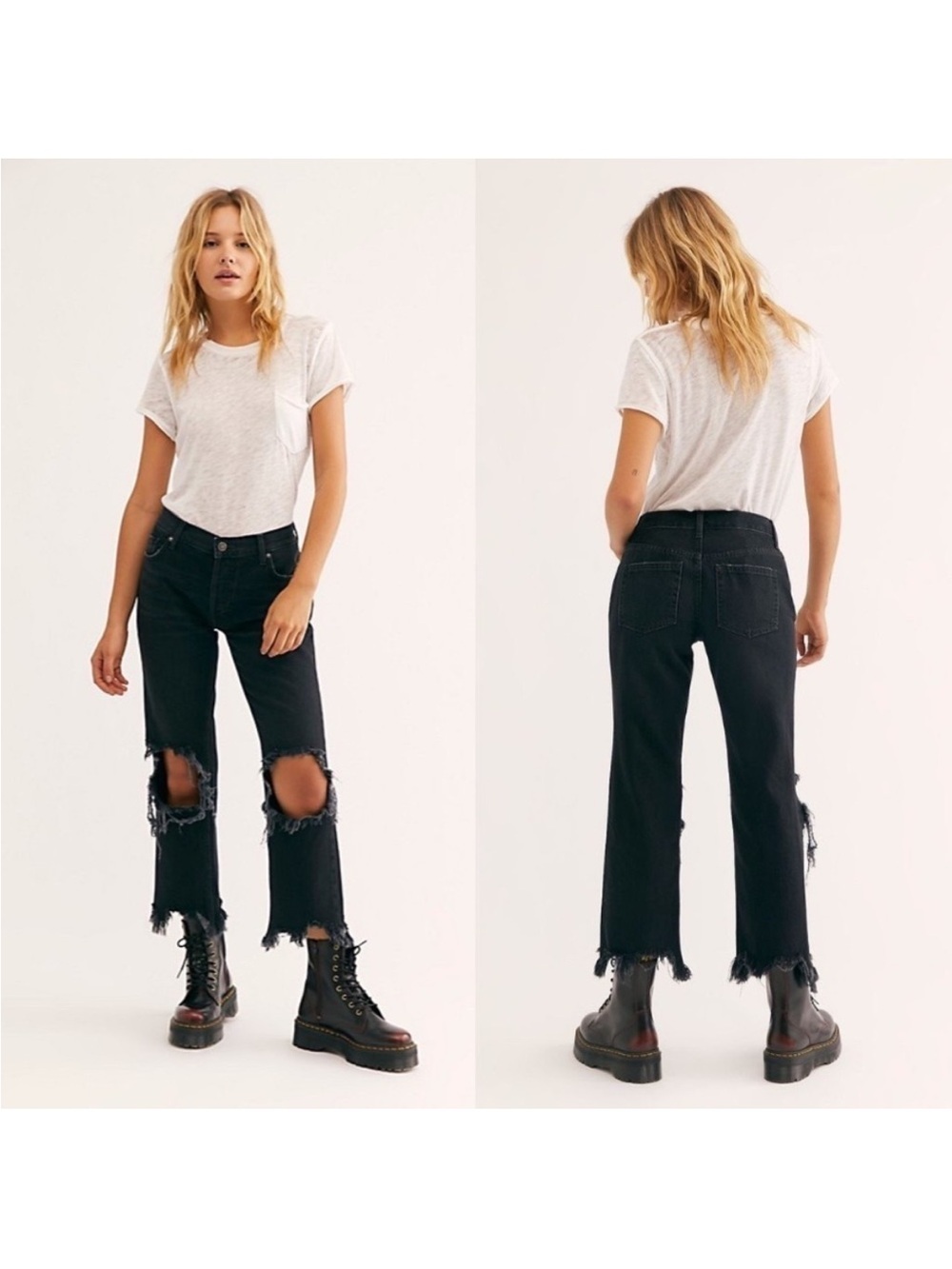 Free People Distressed Straight Leg Ankle Cropped Jeans, Black Wash, Size 26